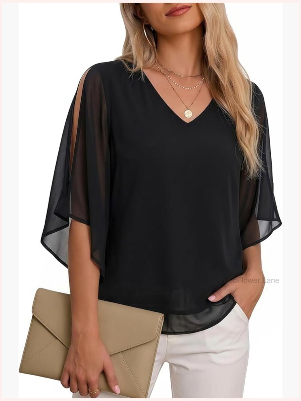 Chiffon Blouses V Neck 3/4 Sleeve Tunic Tops Dressy Casual Summer